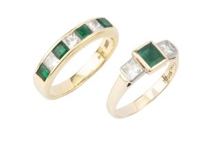 An emerald and diamond seven stone dress ring, the alternating square cut stones channel set in 18ct