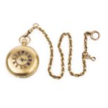 A George V 18ct gold half hunter pocket watch, the engine turned case with blue enamel roman