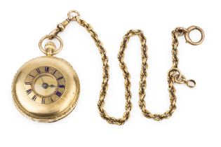 A George V 18ct gold half hunter pocket watch, the engine turned case with blue enamel roman