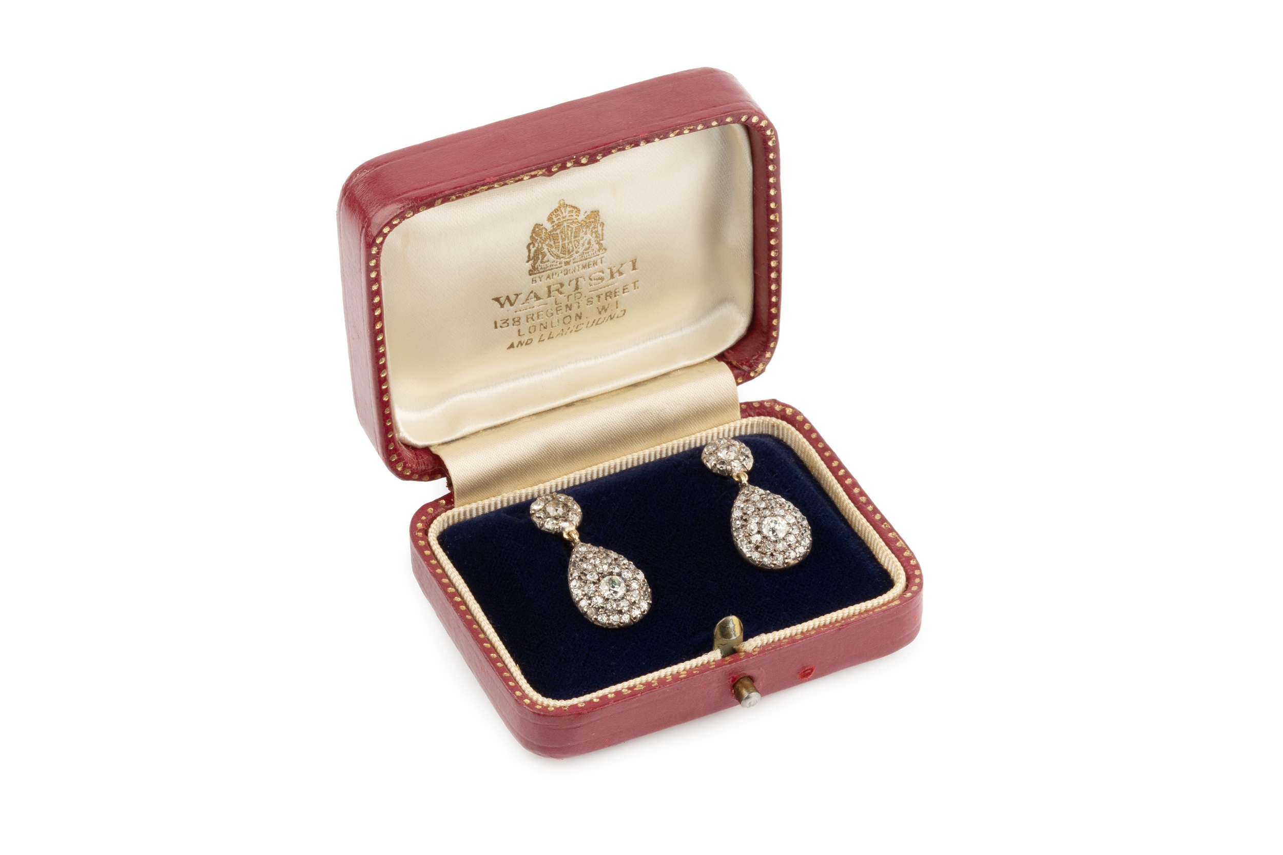 A pair of diamond ear pendants, each designed as a circular cluster of old and single-cut - Image 2 of 7