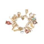 A 9ct gold curb link charm bracelet, with padlock clasp, hung with assorted gold and gold mounted