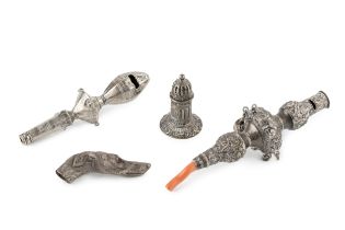 A late Victorian silver baby's rattle and whistle, with florally embossed decoration and coral