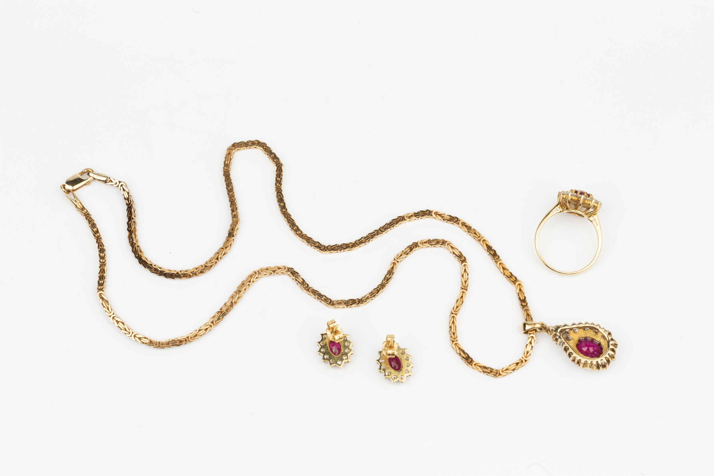 A suite of ruby and diamond jewellery, comprising a pendant of oval cluster form, the central oval - Image 2 of 2