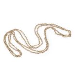 A 9ct gold fancy link long chain, the clasp stamped 9ct, 156.5cm long approx 31.8g