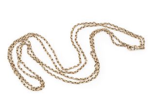 A 9ct gold fancy link long chain, the clasp stamped 9ct, 156.5cm long approx 31.8g