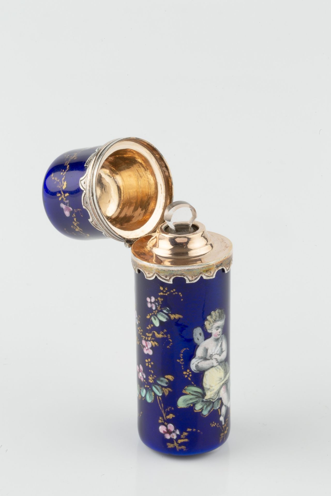 A 19th century French Limoges enamel scent bottle, of cylindrical form, painted and gilt - Image 2 of 3