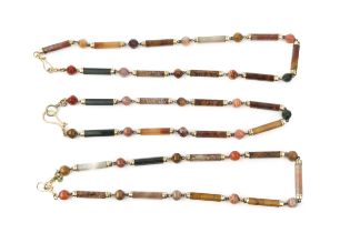 Three yellow metal mounted Scottish hardstone necklaces, joining together to form one long necklace,