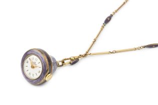 An early 20th century gilt and enamel fob watch by Bucherer, having circular dial, the bell-shaped