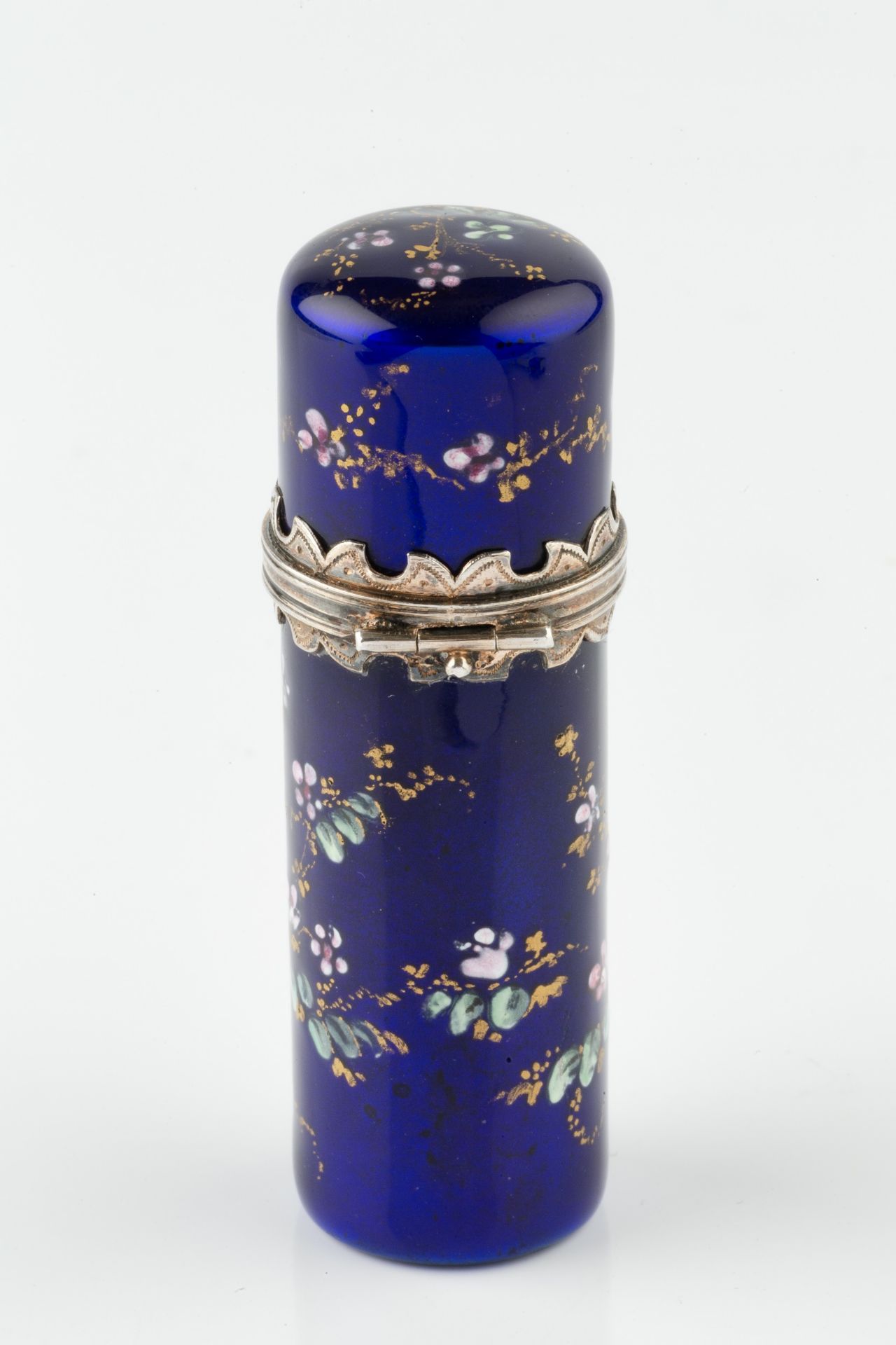 A 19th century French Limoges enamel scent bottle, of cylindrical form, painted and gilt - Image 3 of 3