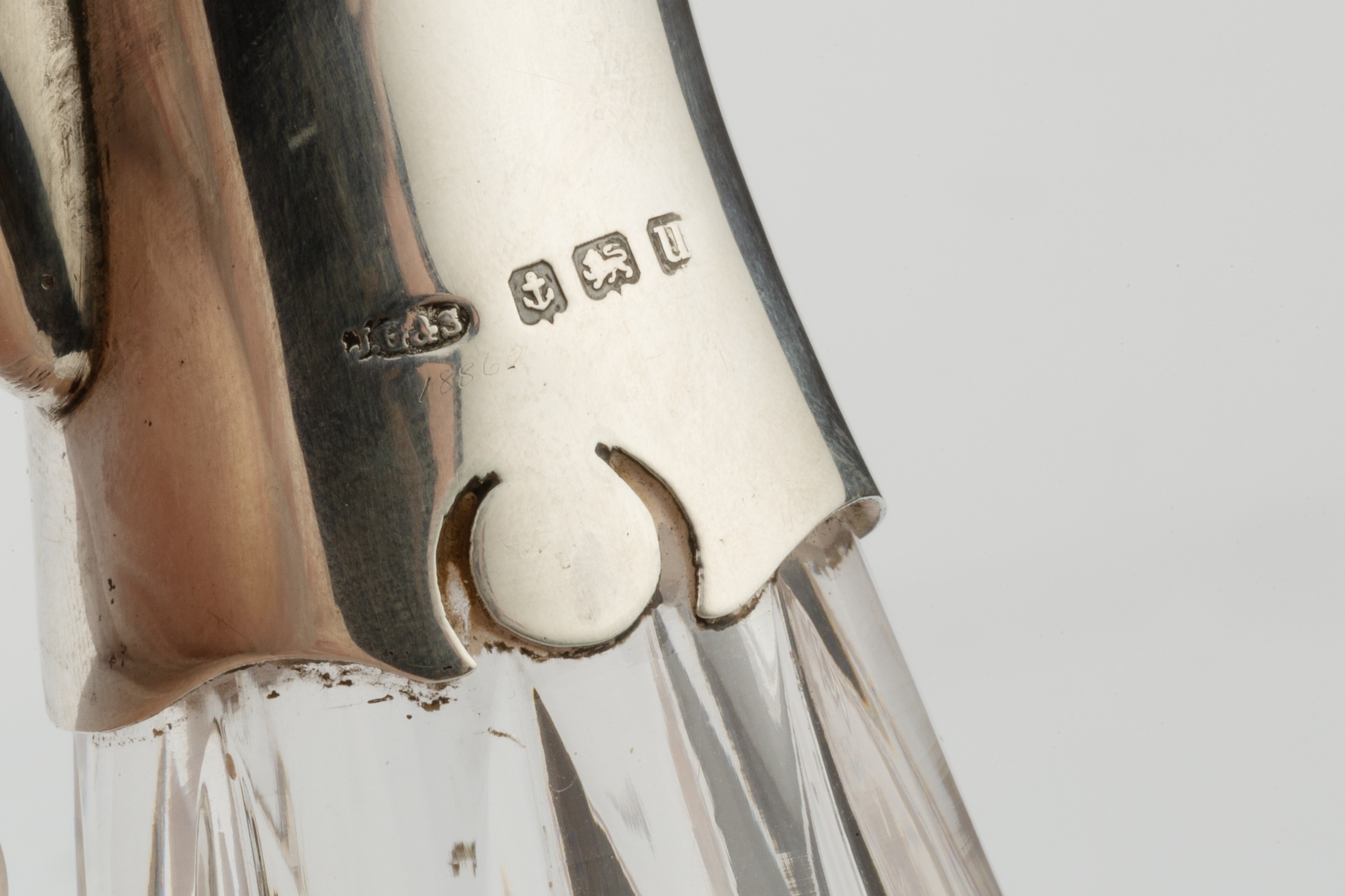 A George V silver mounted cut glass claret jug, the shaped body with panels of hobnail cut - Image 3 of 3