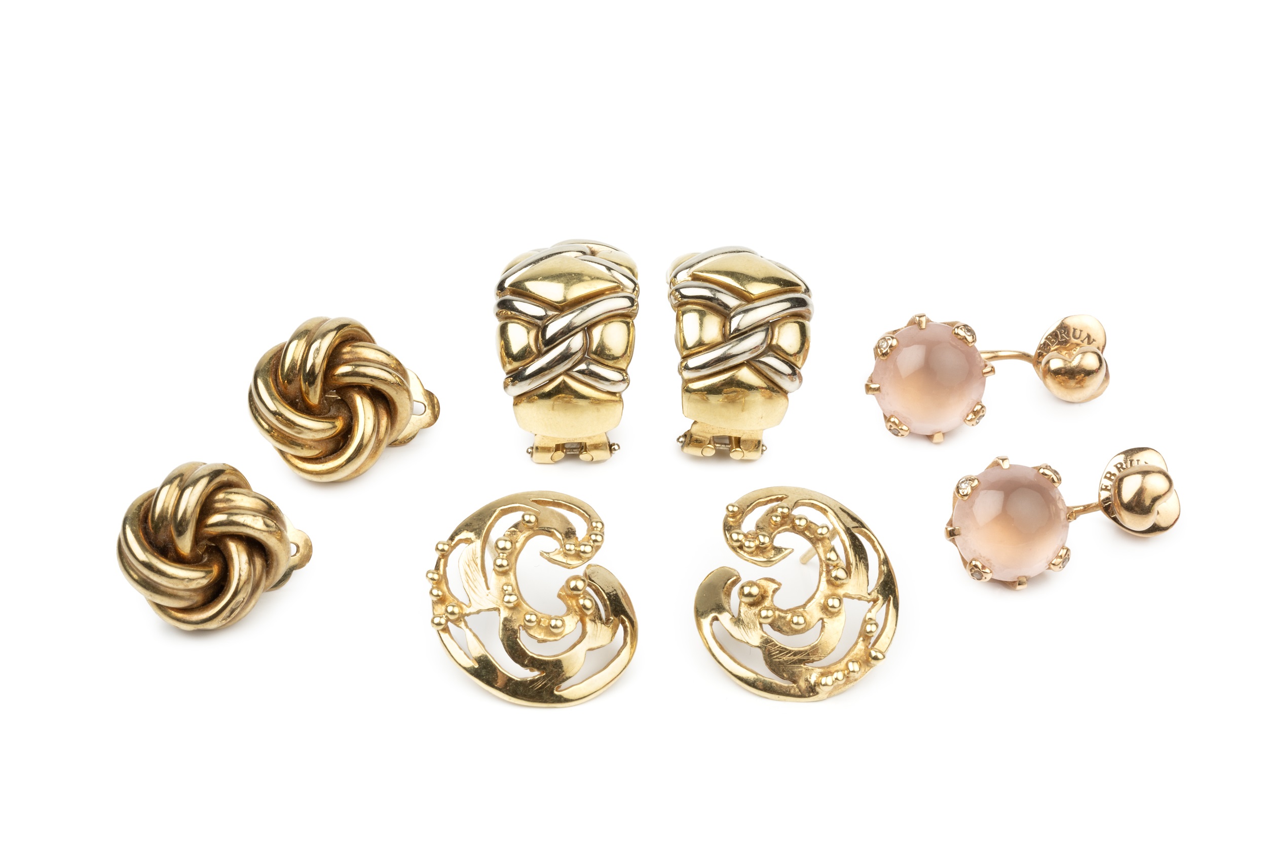 A pair of 18ct gold, diamond and rose quartz ear studs, by Pasquale Bruni, in the form of heart