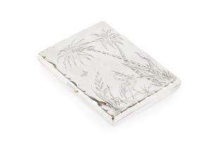 A late Victorian silver rectangular card case, engraved to the front with an exotic bird alighting