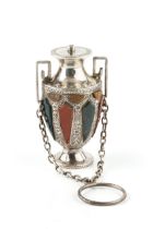 A late Victorian silver and hardstone novelty scent bottle, modelled as a twin handled classical