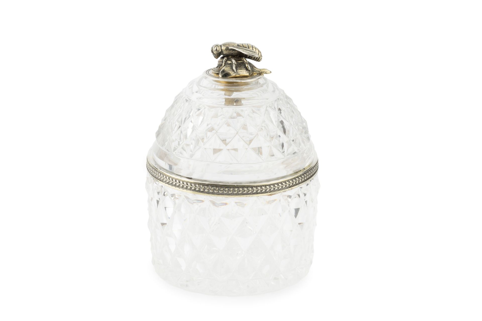 A George III silver-gilt mounted cut glass honey pot and cover, the hobnail cut cylindrical jar with