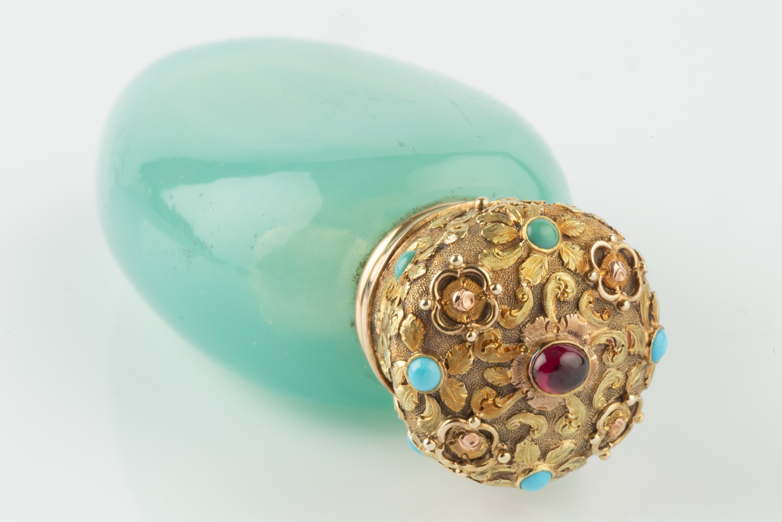 A 19th century French gold mounted opaline glass scent bottle, the turquoise glass body of ovoid - Image 3 of 11