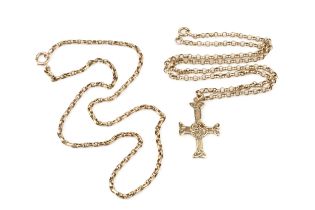 A 9ct gold cross pendant, of Celtic knot design, on a 9ct gold belcher link chain, pendant 3.7cm