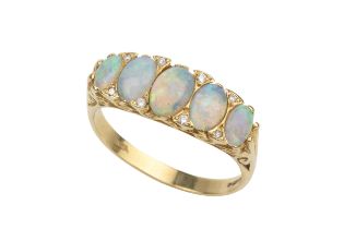 An opal five stone ring, the graduated cabochon opals with diamond points between in scroll