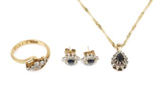 A 9ct gold, sapphire and diamond pendant, of pear shaped cluster design, on fine chain, a pair of