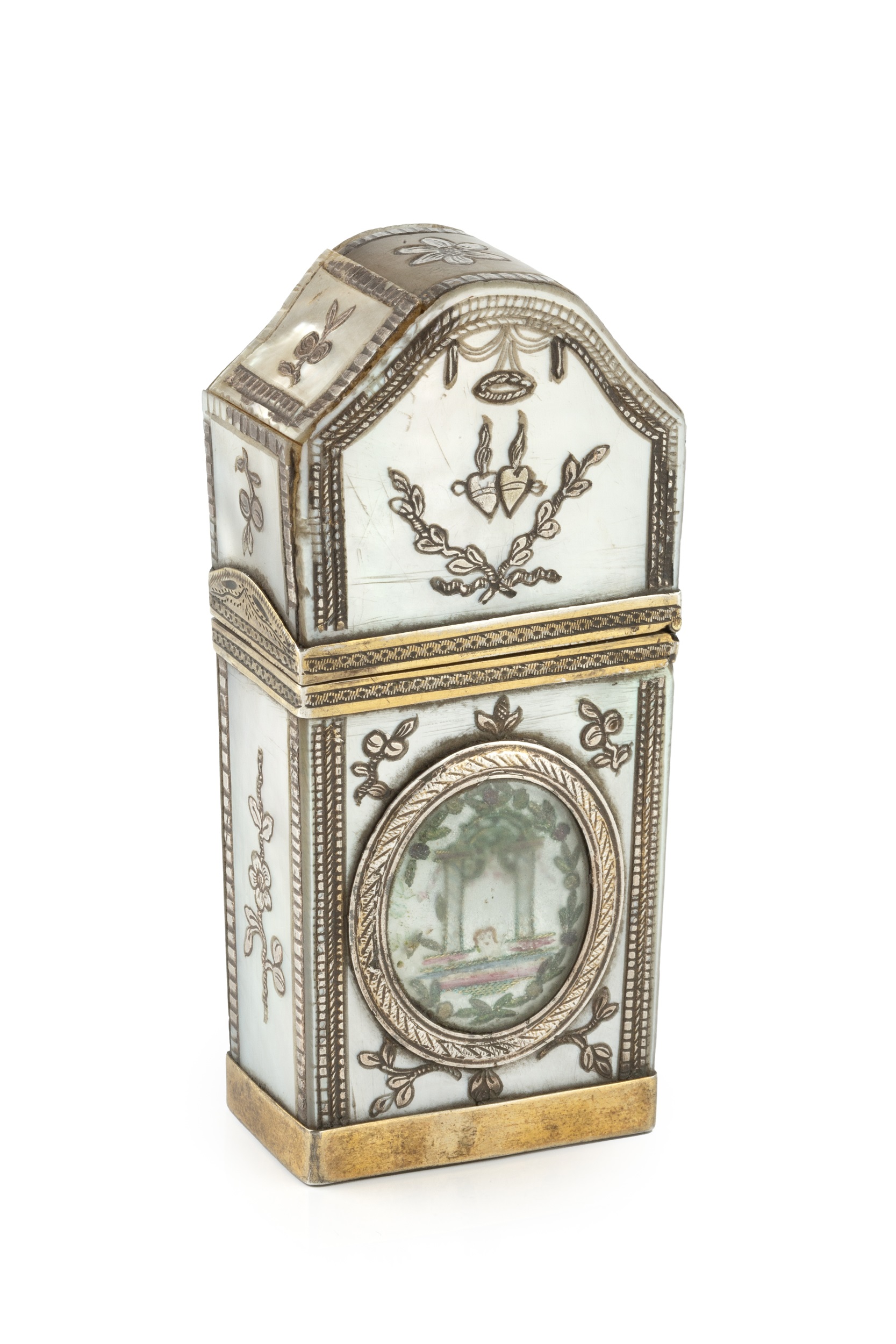 An 18th century French silver mounted mother o'pearl scent bottle etui, of rectangular form with