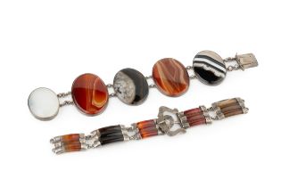 Two Scottish silver mounted hardstone bracelets, the first composed of five oval agate panels,