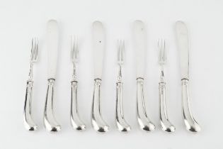 A set of six George V silver dessert knives and forks, with pistol grip handles, by Harrison