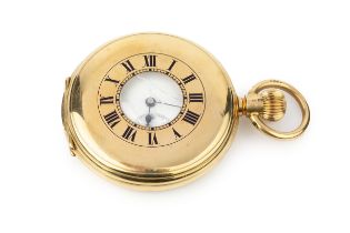 A Swiss18ct gold half hunter pocket watch, the white enamel dial with Roman numerals and seconds