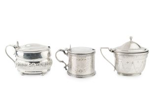 A George III silver oval mustard, with hinged cover and bright-cut decoration, blue glass liner,