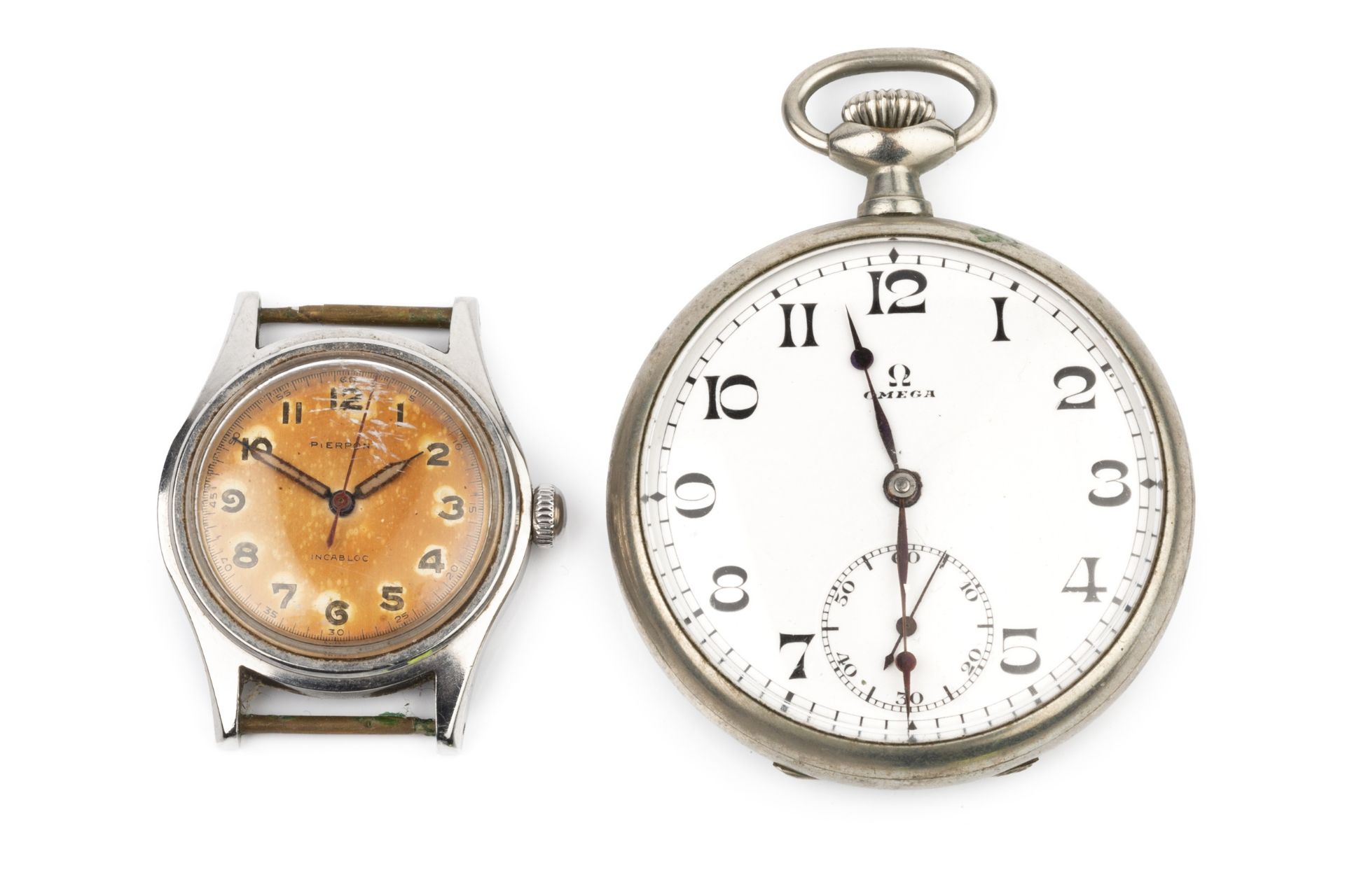 A 1920's nickel pocket watch by Omega, the white enamel dial with Arabic numerals and subsidiary