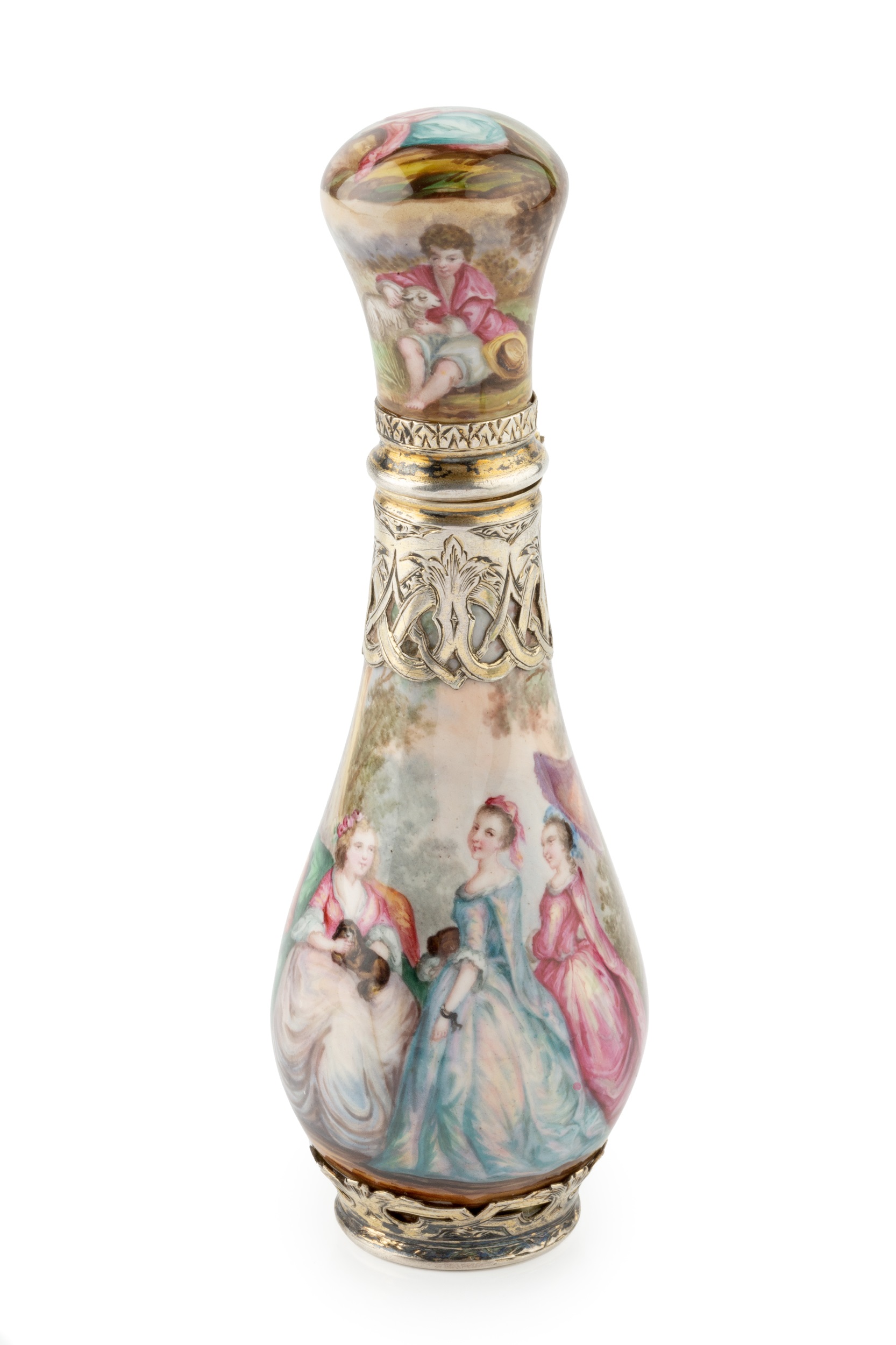 A 19th century Austrian silver-gilt and enamel scent bottle, of slender baluster form, the enamel