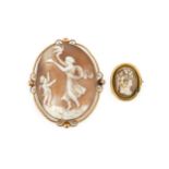 An oval shell cameo brooch, carved with a classical maiden releasing a dove, a cherub at her side,