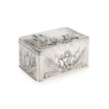 A late 19th century Dutch silver rectangular 'castle top' box, the hinged cover relief decorated