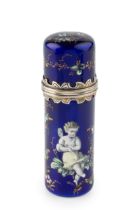 A 19th century French Limoges enamel scent bottle, of cylindrical form, painted and gilt