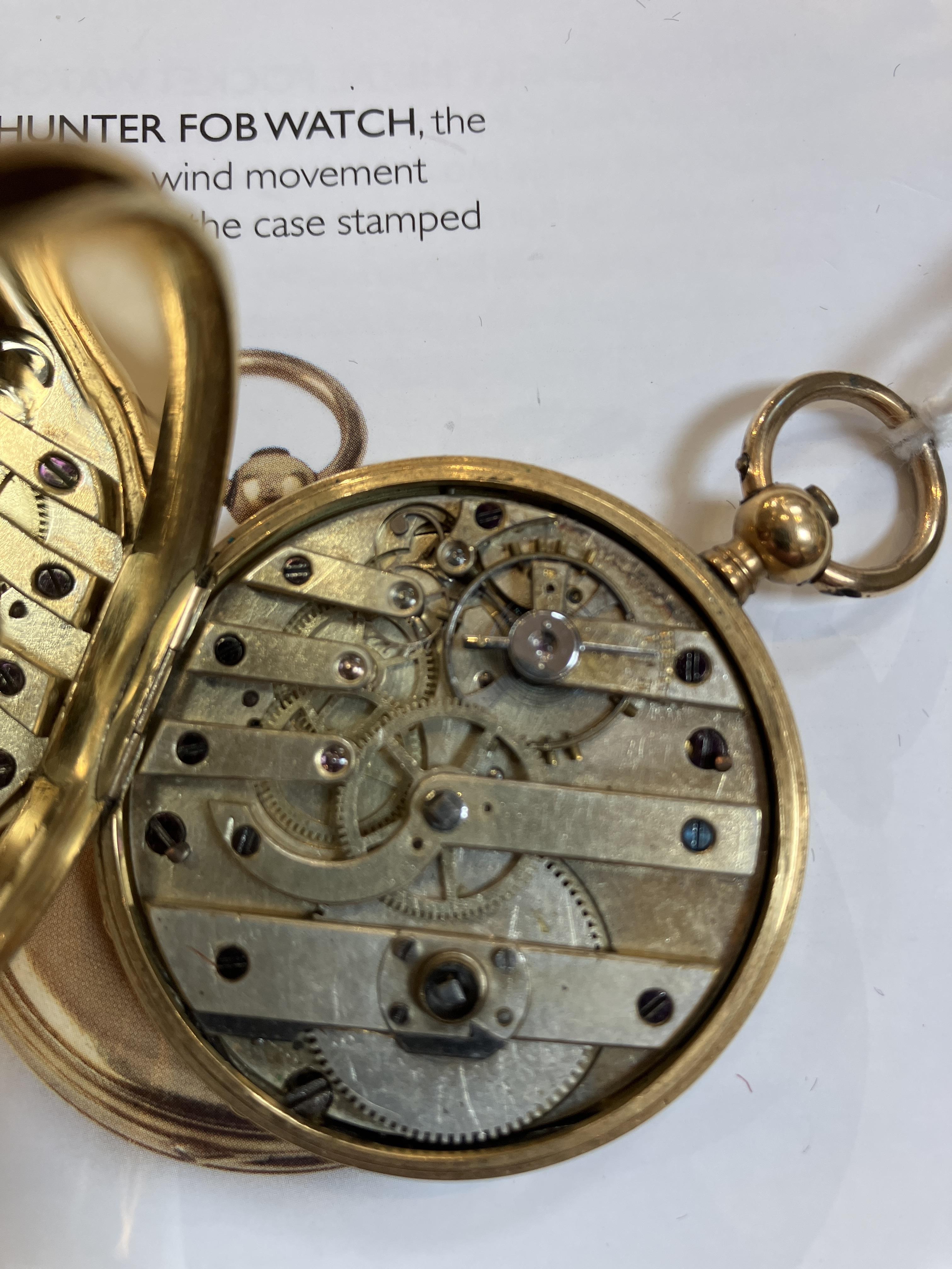 A Continental 18k gold hunter pocket watch, the engine turned front engraved with a cherub, - Image 4 of 6