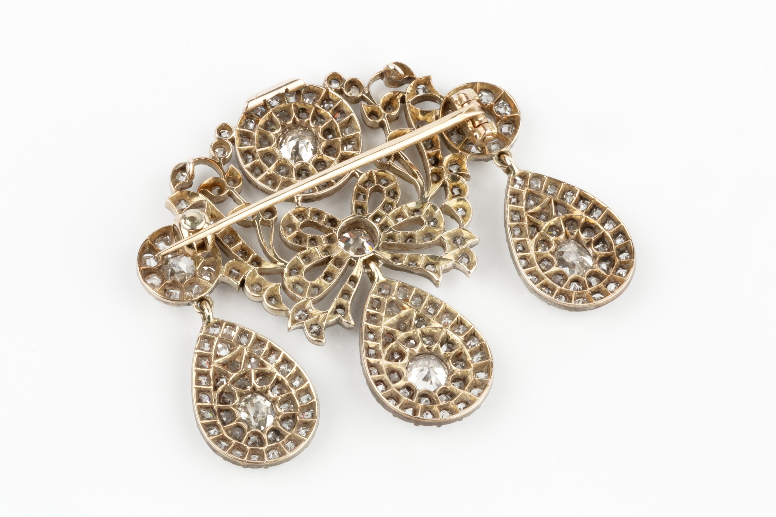 A diamond girandole brooch, formed as a trio of pear-shaped cluster drops suspended from a central - Image 3 of 7