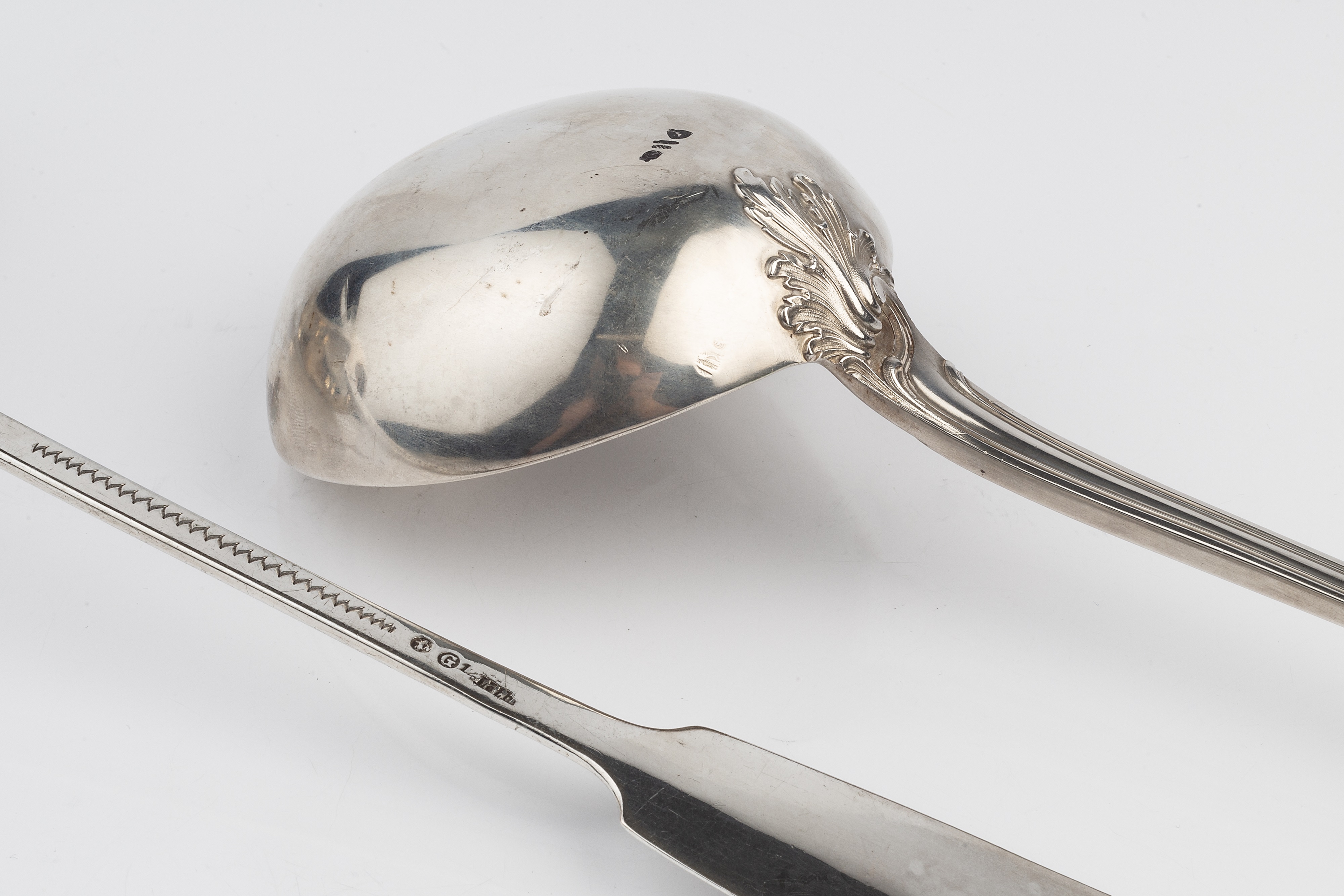 An early 19th century German silver fiddle pattern soup ladle, with lipped bowl, Berlin marks, 33. - Image 3 of 3