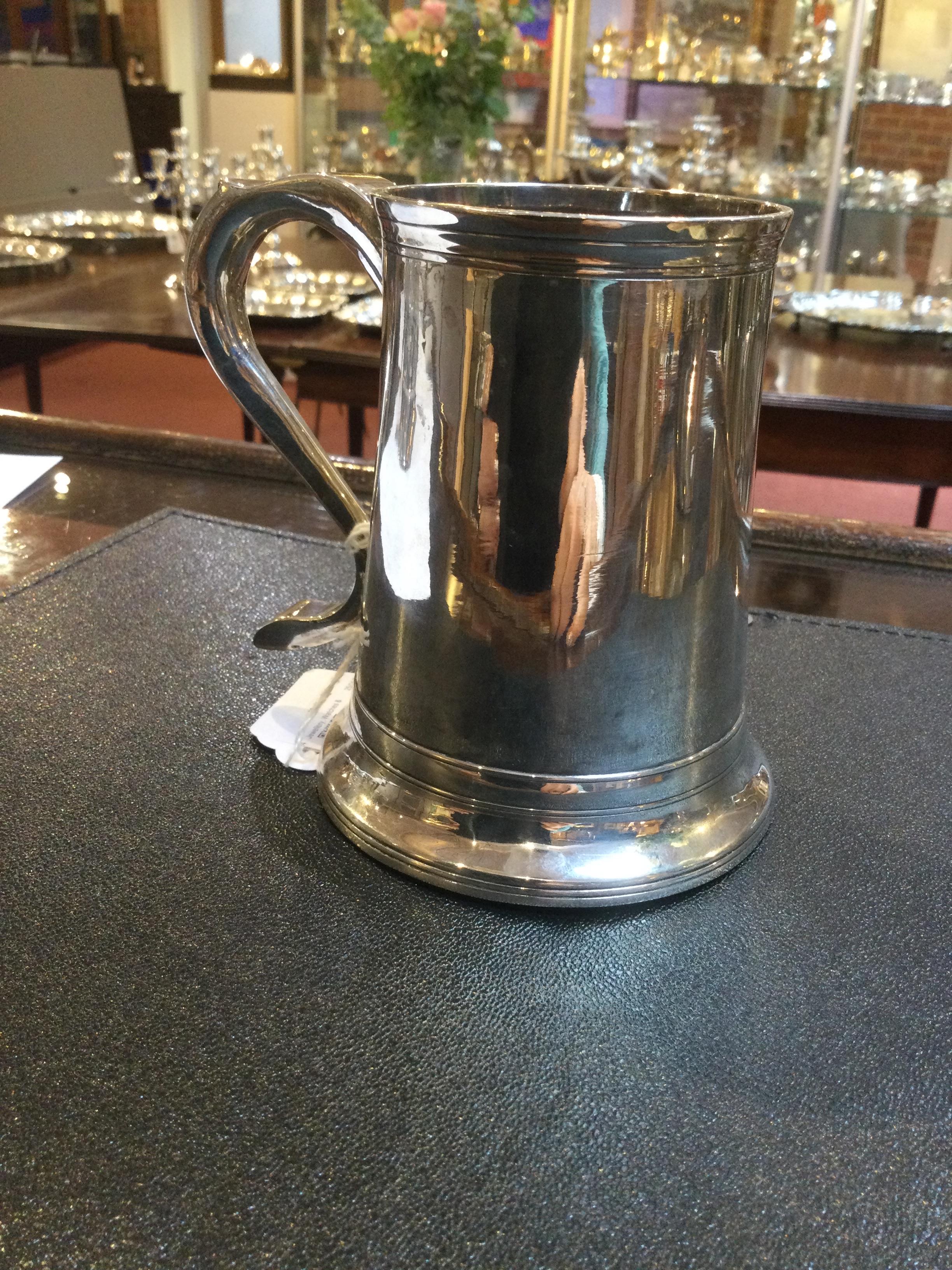 A George III silver pint mug, of plain slightly tapered design, the scroll handle with engraved - Image 5 of 10