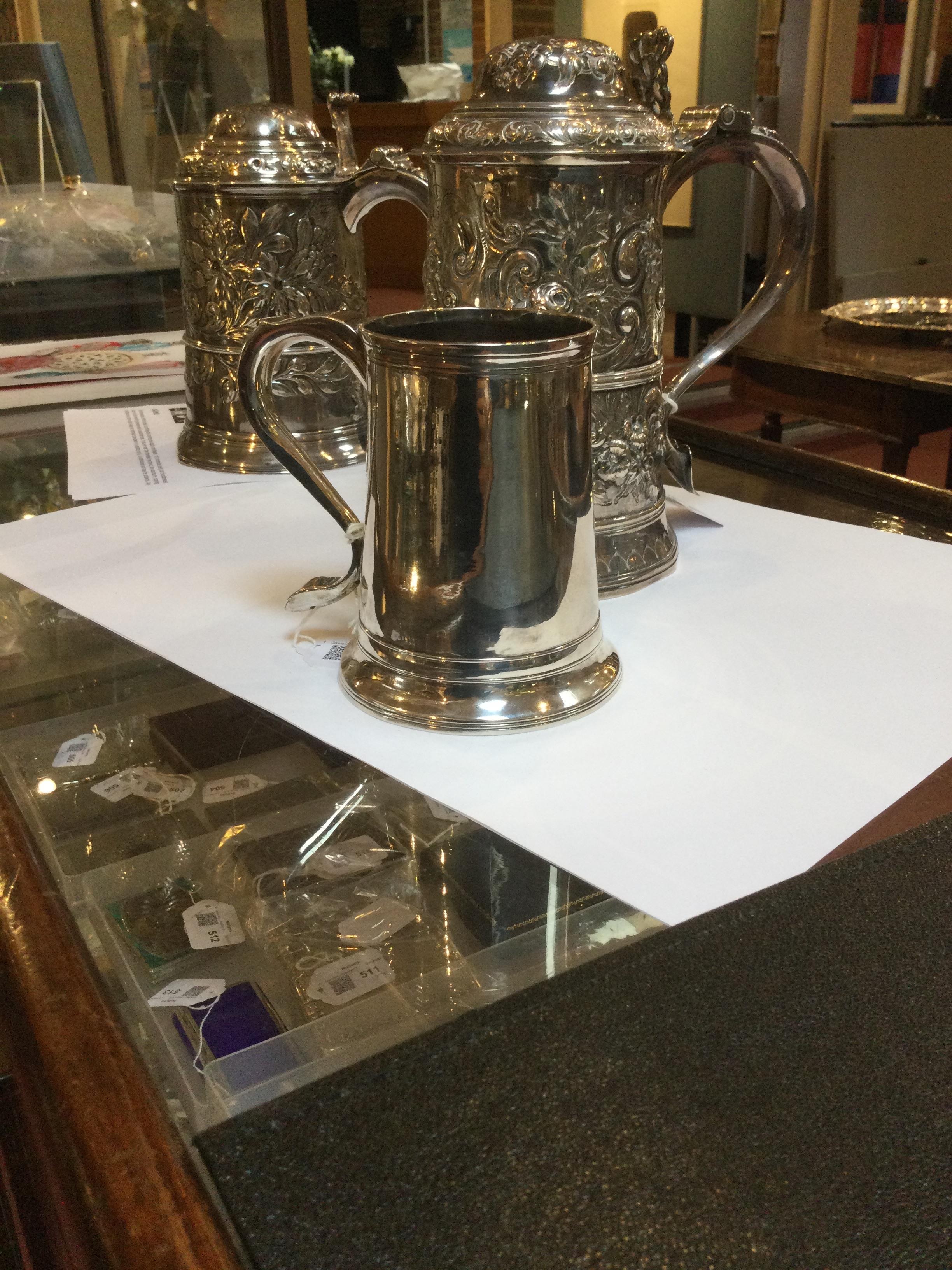 A George III silver pint mug, of plain slightly tapered design, the scroll handle with engraved - Image 9 of 10