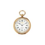 A Swiss 18k gold fob watch, the white enamel dial painted and gilt heightened with a border of