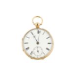 A Victorian 18ct gold open face pocket watch, the white enamel Roman dial with seconds subsidiary