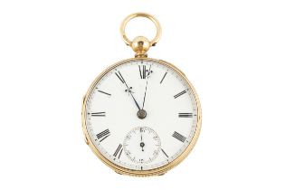 A Victorian 18ct gold open face pocket watch, the white enamel Roman dial with seconds subsidiary