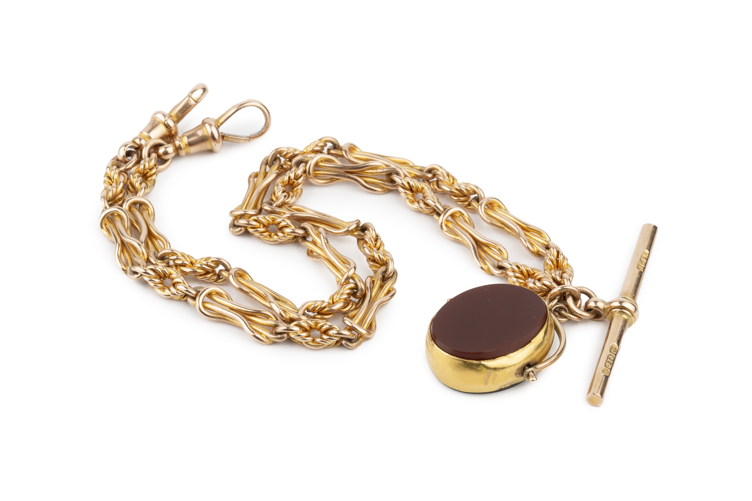 A 9ct gold double Albert watch chain, marked for J G & S, Birmingham (undated), featuring fancy link