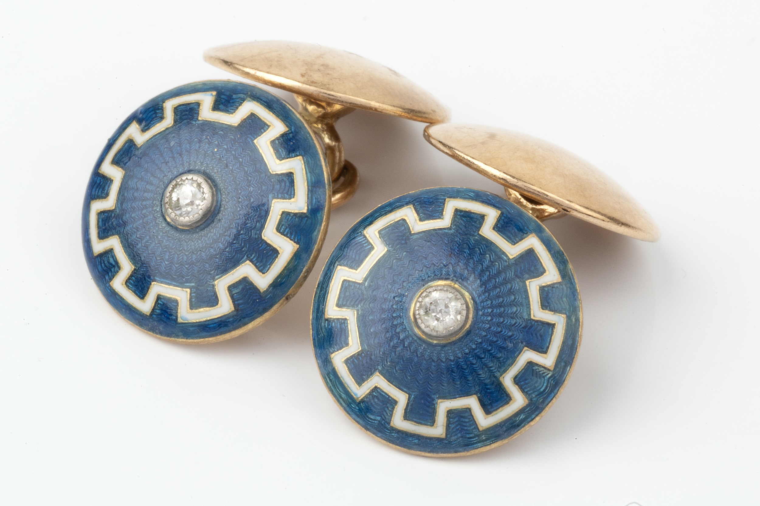 A pair of enamel and diamond set cufflinks, the circular blue guilloche enamel plaques with white - Image 2 of 4