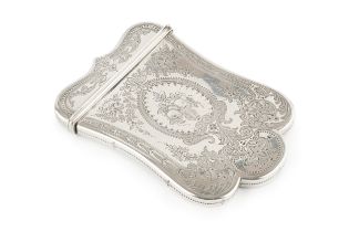 A mid Victorian silver card case, of shaped outline, engraved with flowers and scrolling foliage