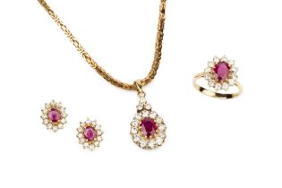 A suite of ruby and diamond jewellery, comprising a pendant of oval cluster form, the central oval