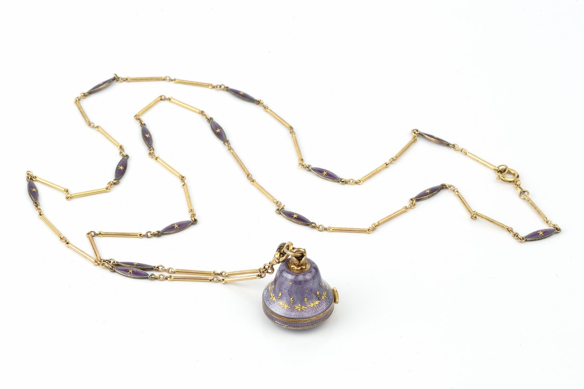 An early 20th century gilt and enamel fob watch by Bucherer, having circular dial, the bell-shaped - Bild 2 aus 3