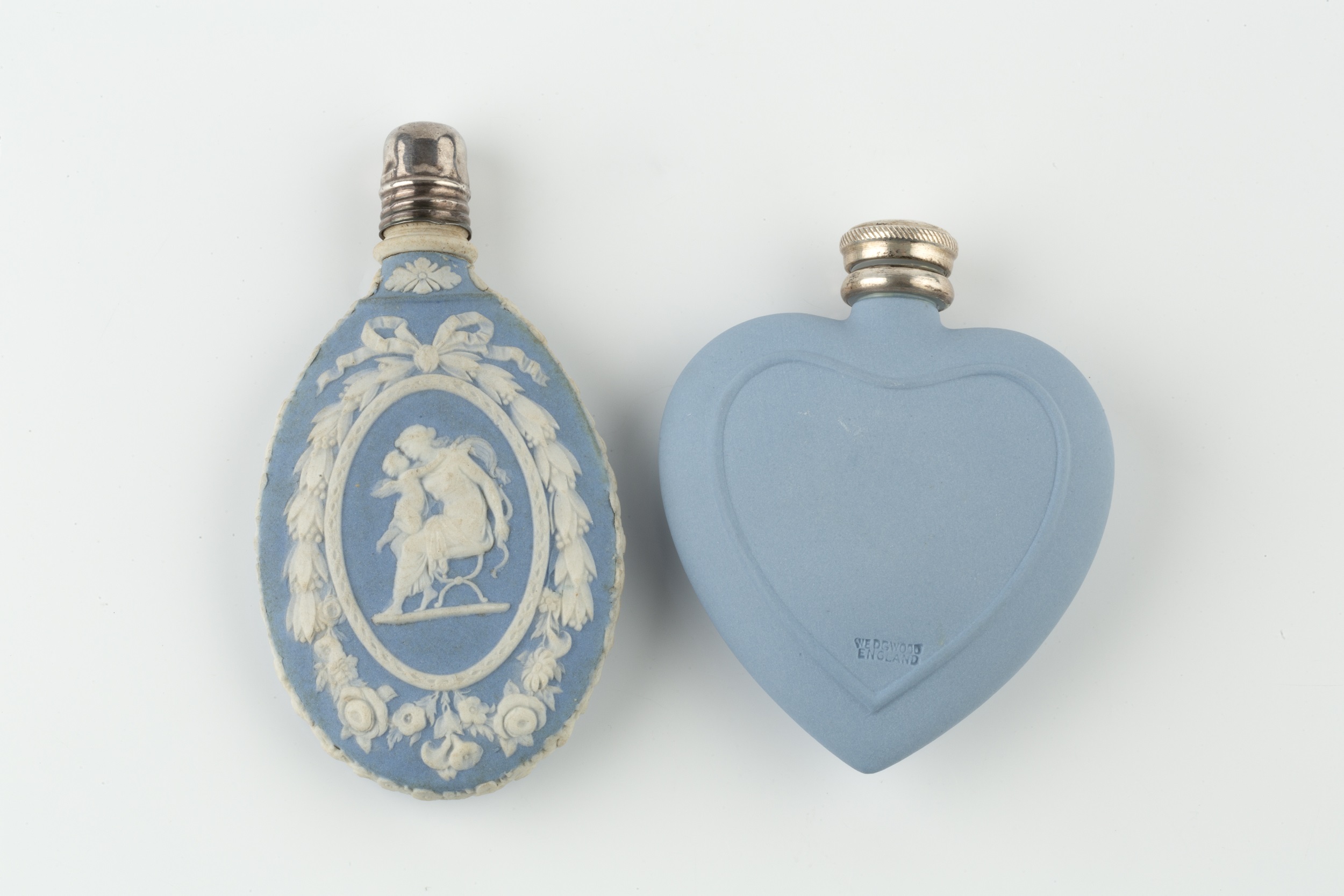 A late 19th century blue jasperware scent bottle, of oval form, relief decorated with classical - Image 2 of 2