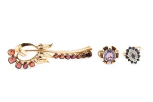 A sapphire and diamond cluster ring, claw set to a 9ct gold shank, a 9ct gold and amethyst dress