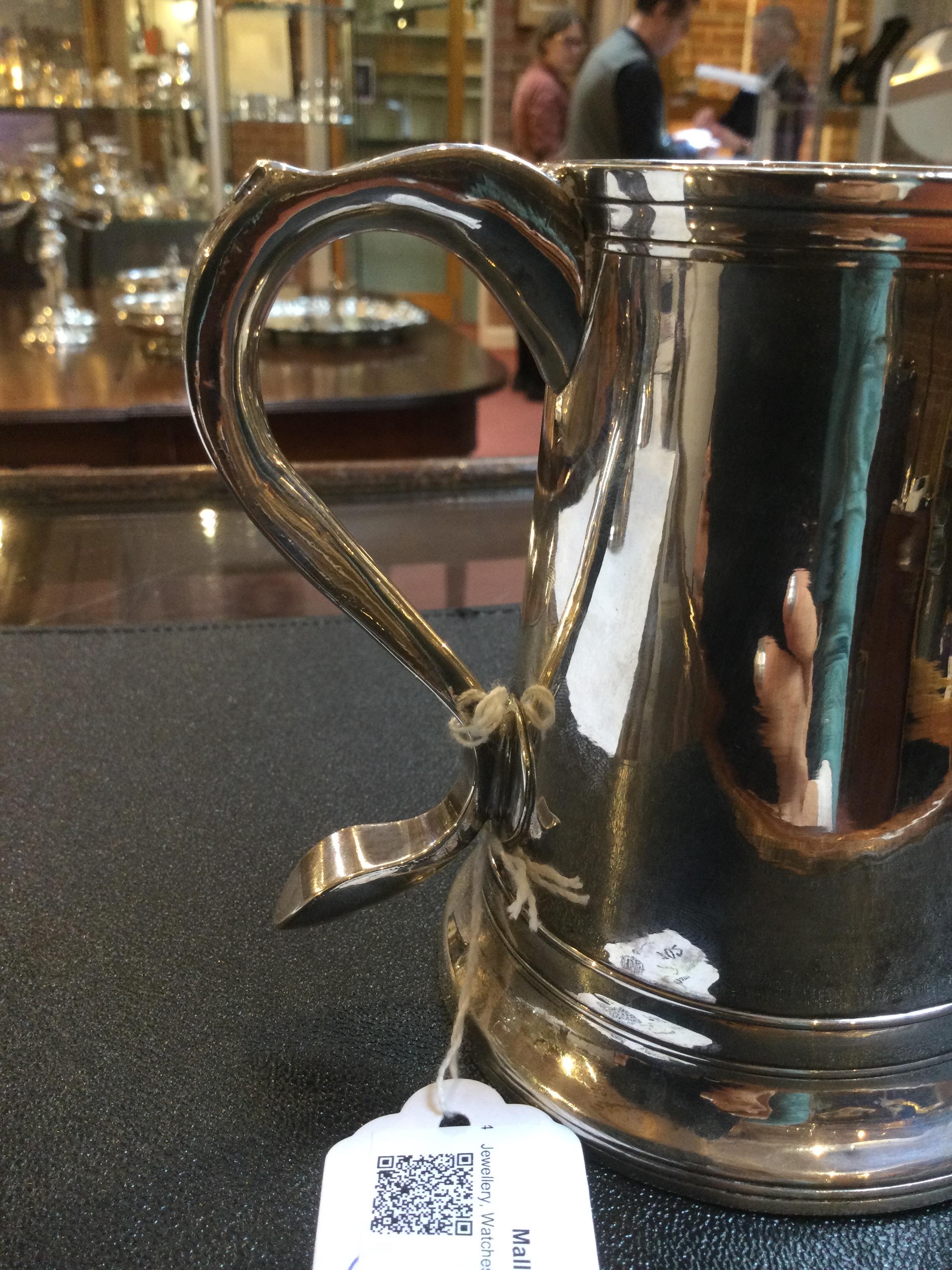 A George III silver pint mug, of plain slightly tapered design, the scroll handle with engraved - Image 8 of 10