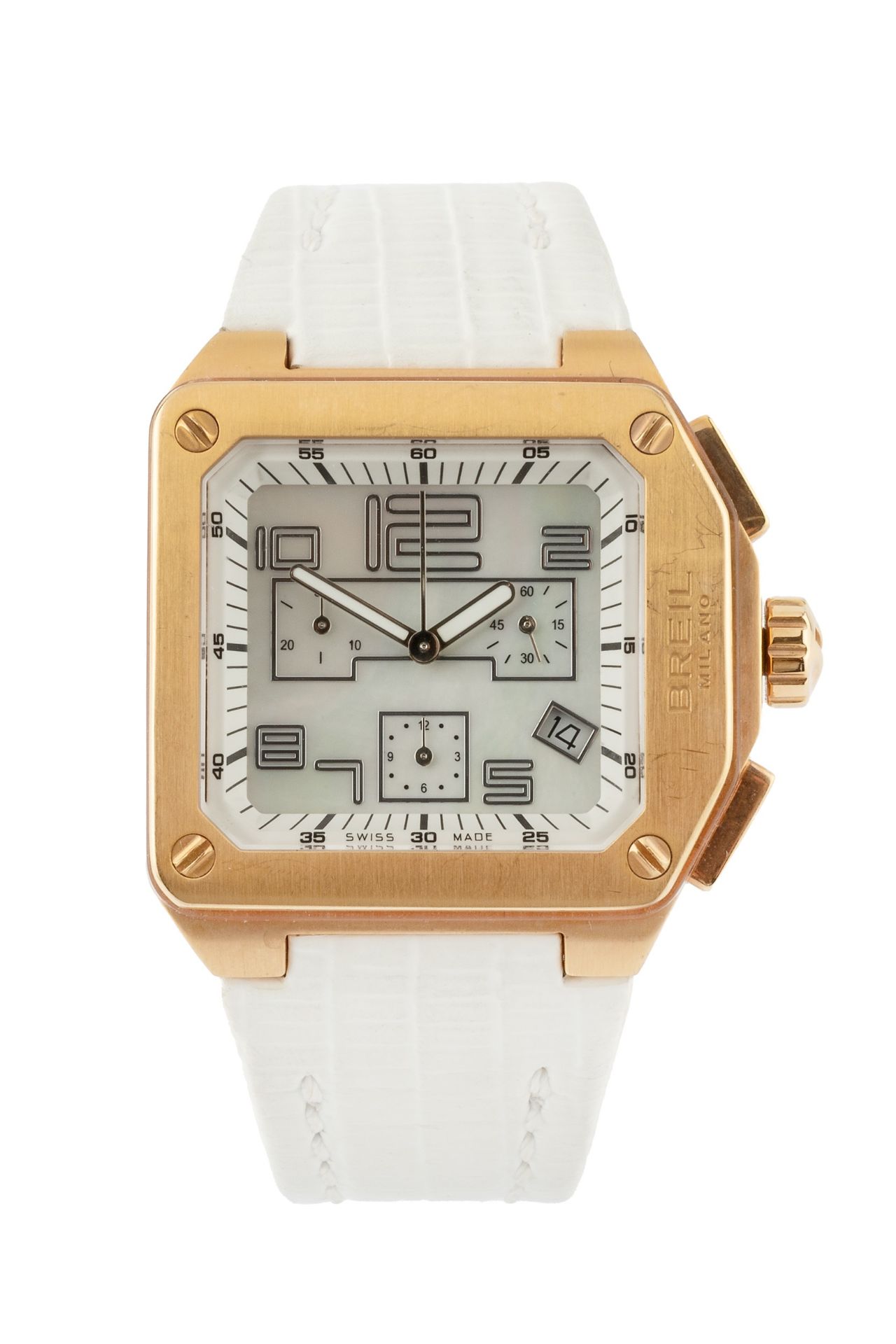 A gilt metal chronograph by Breil, the chamfered square mother o'pearl dial with three subsidiary