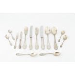 A part service of German silver flatware, comprising 6 table forks, 4 table spoons, 4 dessert forks,